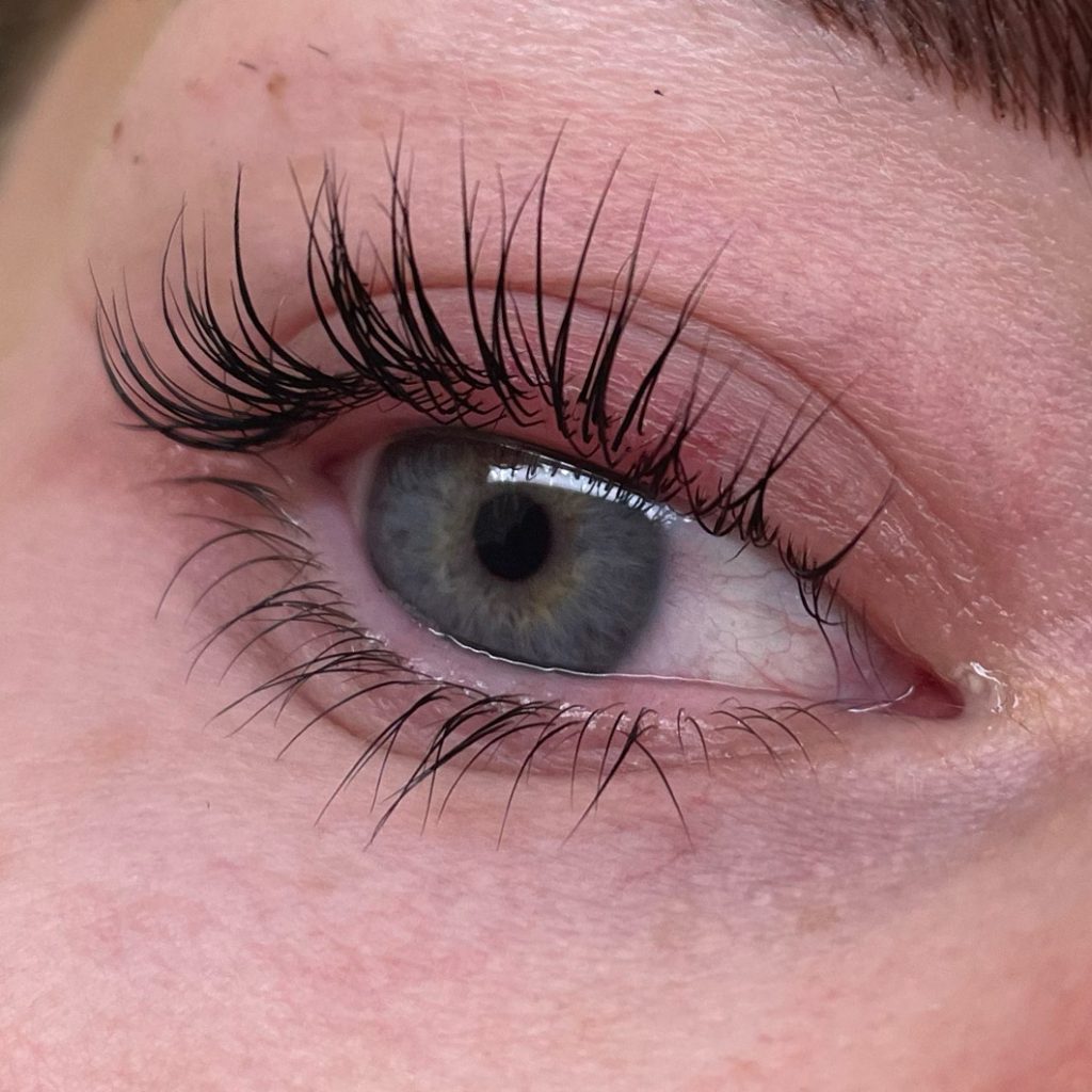 Close-up of lifted and tinted natural lashes after a lash lift and tint treatment by The Lash Squad, Melbourne